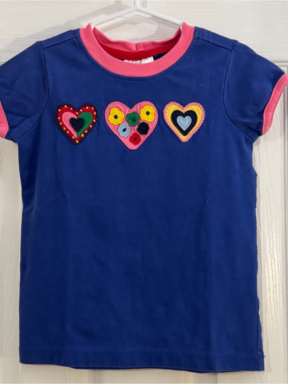 Hanna Andersson Royal Blue Tee with Pink Trim and Multicolor Heart Appliqués